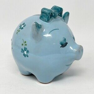 Vintage Piggy Bank Ceramic Blue Flowers Hand painted Cork‎ Stopper Signed Girl